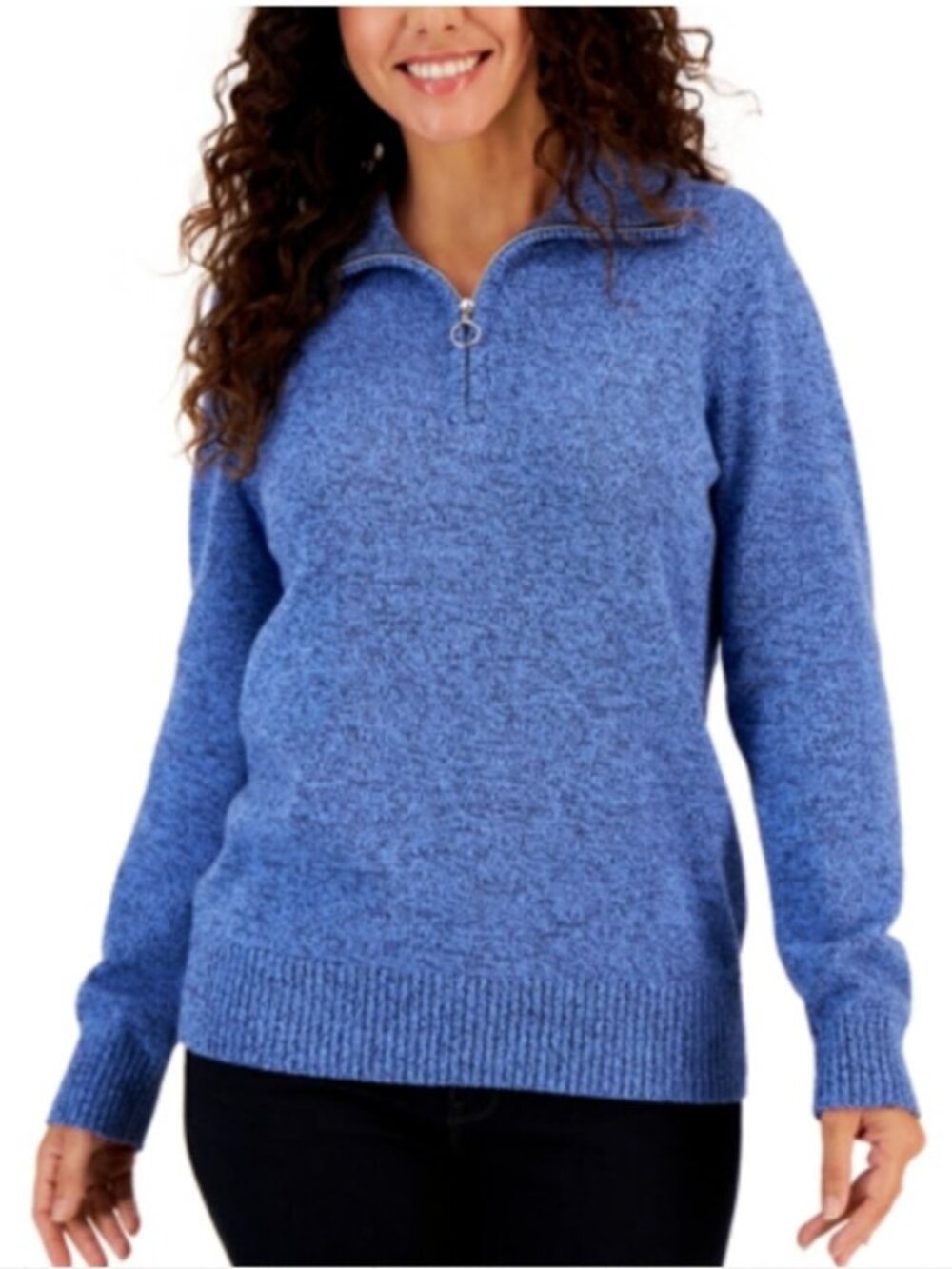 Karen Scott Blue Knit Quarter Zip Sweater Pullover Heather Cozy Cotton Top Large